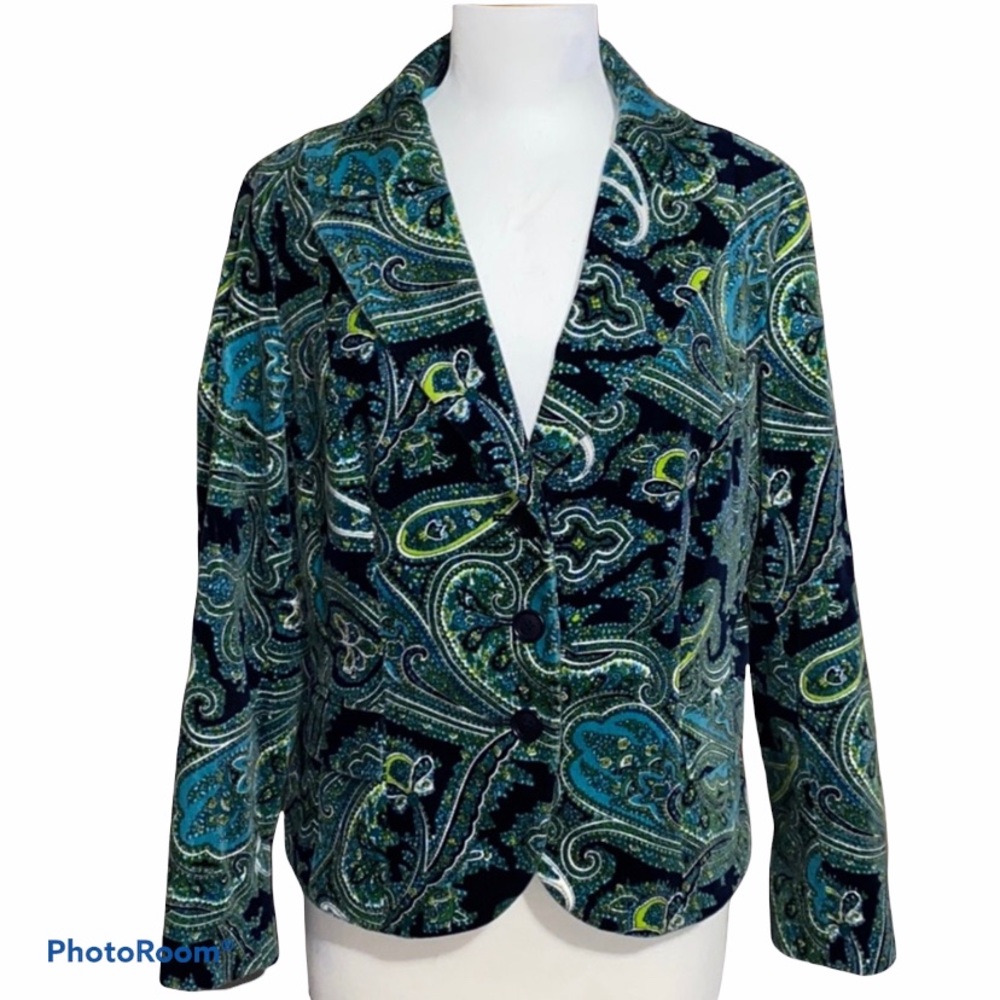Petite Velvet Aqua/Navy Blue/Green Paisley Blazer (16P)